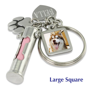 custom engraved pet memorial keychain with pink dog bone cutout 